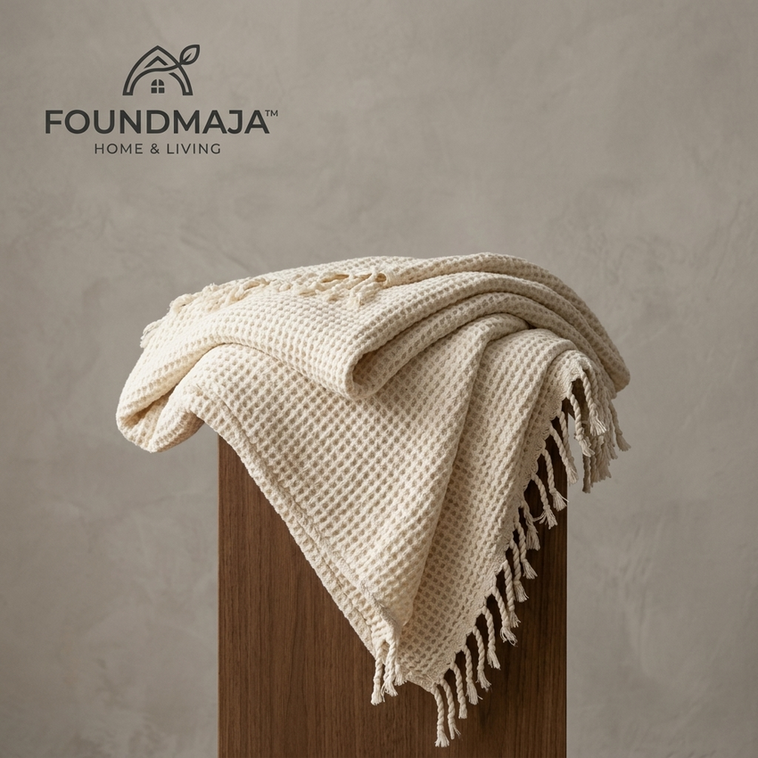 Foundmaja™ Cream Waffle Fringe Throw Blanket