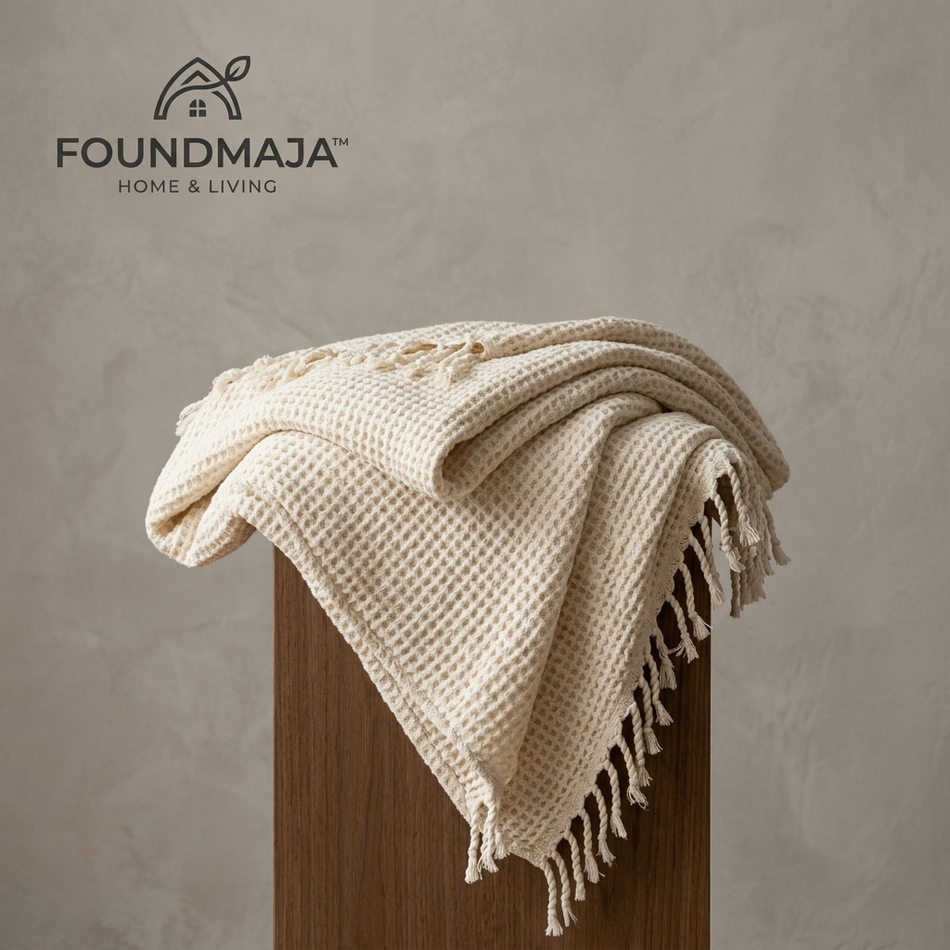 Foundmaja™ Cream Waffle Fringe Throw Blanket