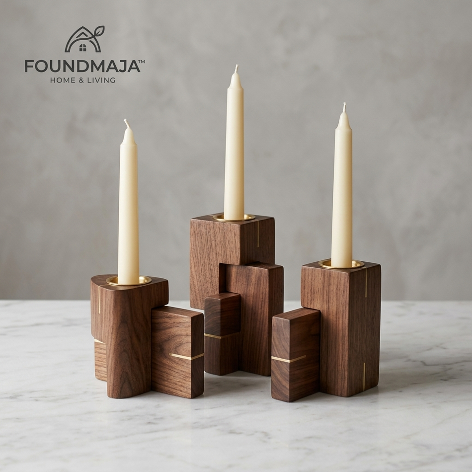Foundmaja™ Modern Wood Block Candle Holder Set